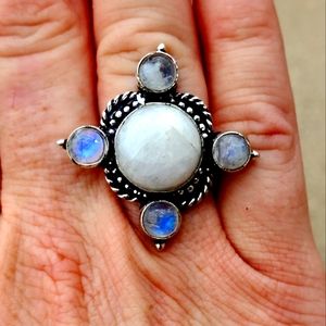 New Rainbow Moonstone 925 Silver Statement Ring.